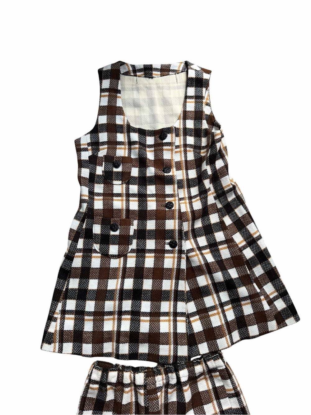 1970s Plaid Textured Double-Knit Poly Blend 2-Piece Tunic & Playsuit Shorts - Picture 2 of 4